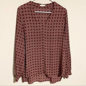Pleione red geometric patterned v neck long sleeve blouse